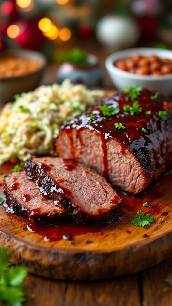 Sliced BBQ brisket with sauce, parsley garnish, served with coleslaw and baked beans on a wooden platter.