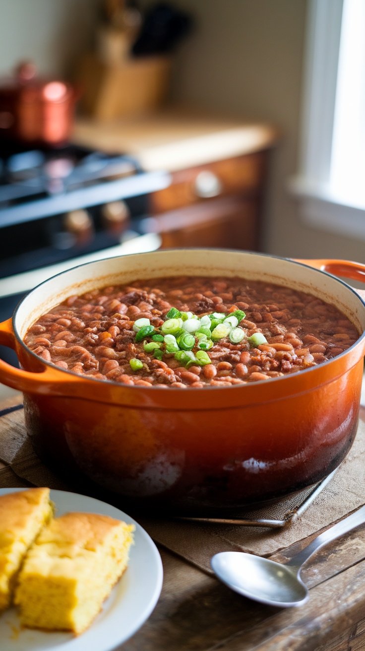 A pot of cowboy beans with pinto and black beans, ground beef, and fresh vegetables, garnished with green onions.