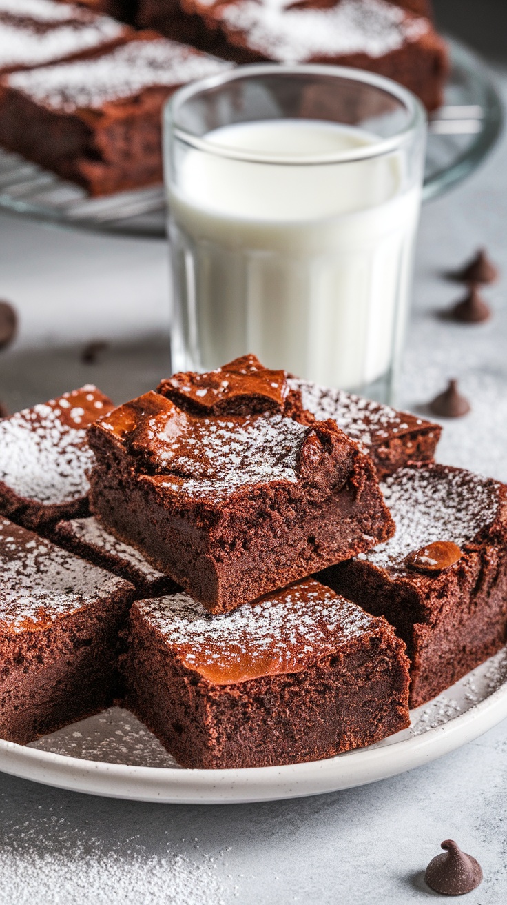 Fudgy brownies on a plate, dusted with powdered sugar, beside a glass of milk.