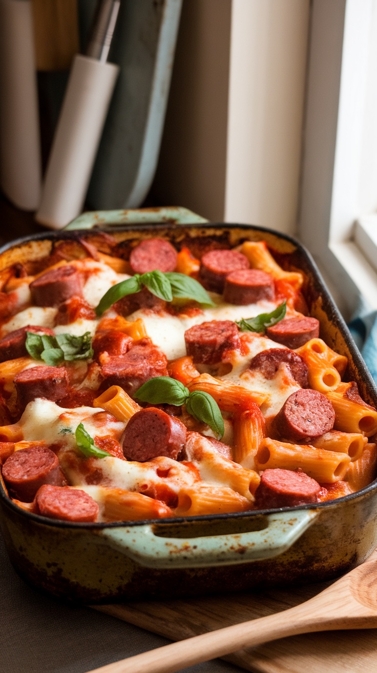 Baked sausage rigatoni with melted mozzarella cheese and fresh basil, served in a rustic dish.