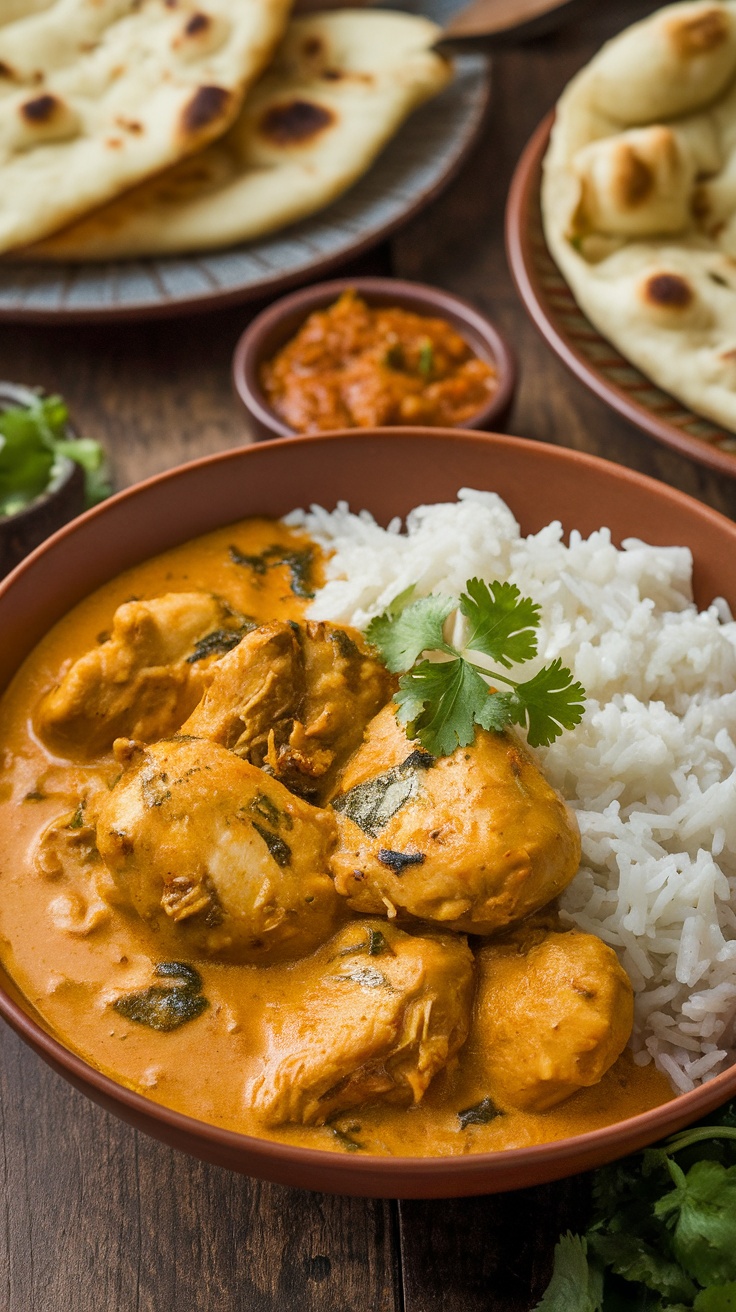 A bowl of savory chicken curry with rice and naan, garnished with cilantro, on a rustic wooden table.