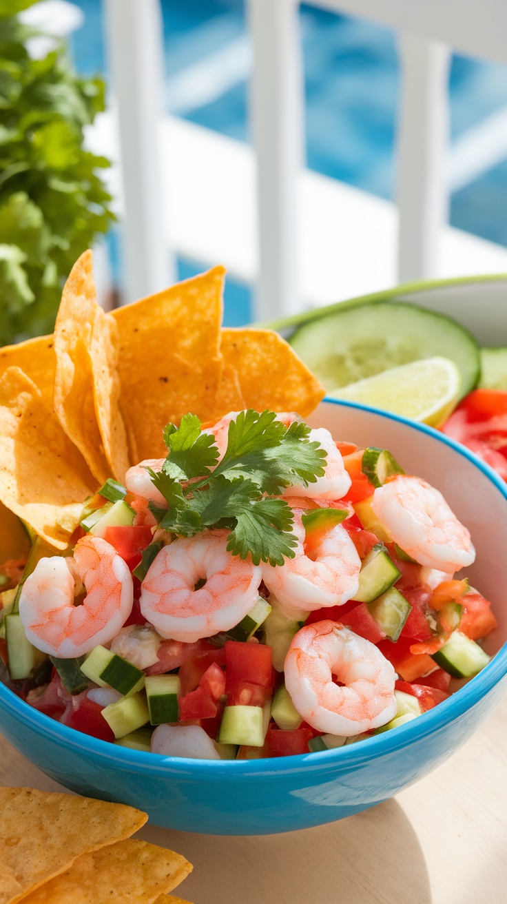 A colorful shrimp ceviche with tomatoes, cucumbers, and cilantro served with tortilla chips in a sunny outdoor setting.