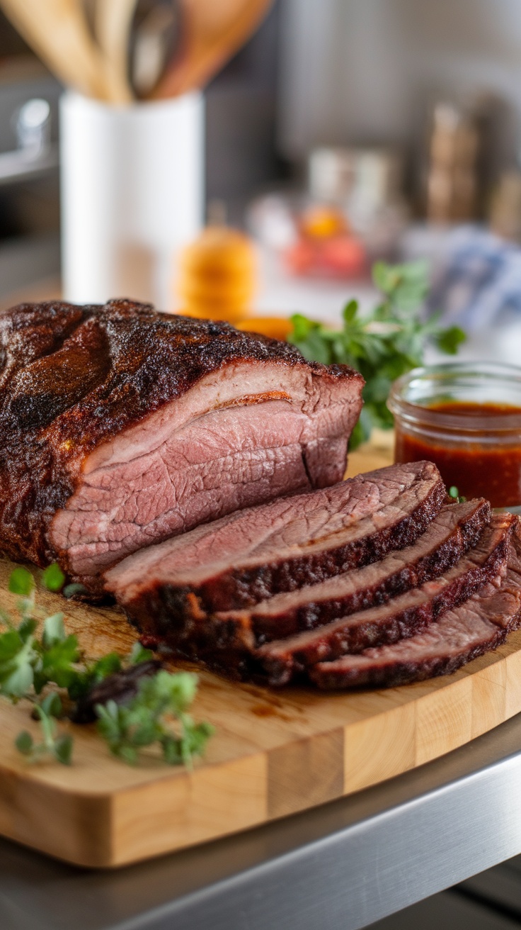 Sliced smoked beef brisket on a cutting board with herbs and barbecue sauce, showcasing a tender interior.