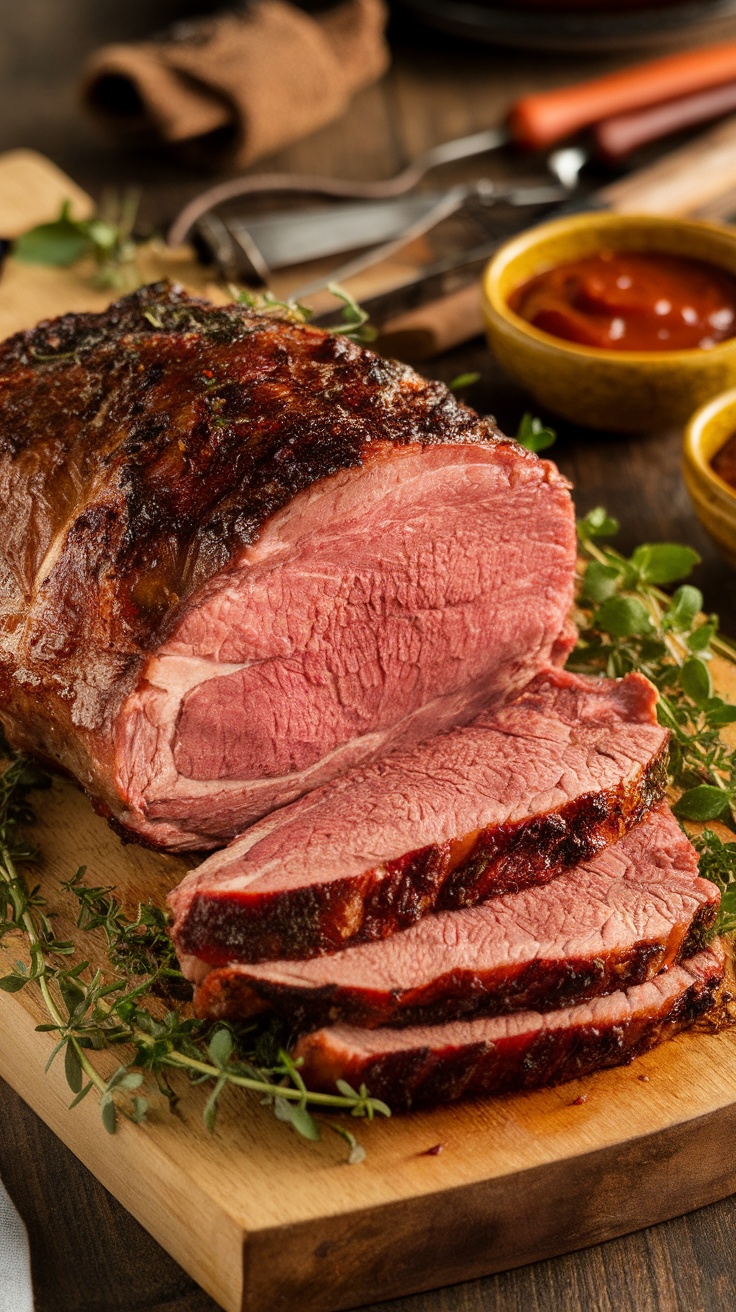 Juicy smoked tri tip roast on a cutting board with barbecue sauce and herbs.