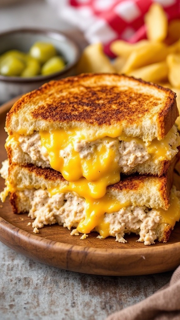 A delicious tuna melt sandwich with melted cheese and crispy bread, served with potato chips and pickles.