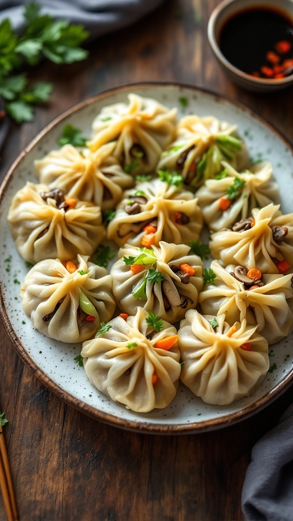 A plate of steaming vegan dumplings with colorful vegetable filling and a dipping sauce.