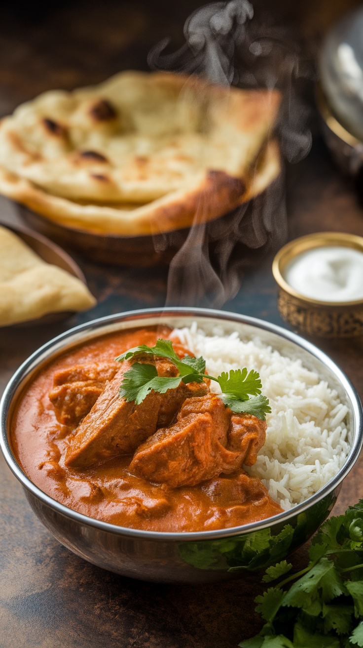A delicious bowl of Rogan Josh lamb curry with rice, garnished with cilantro on a rustic table.