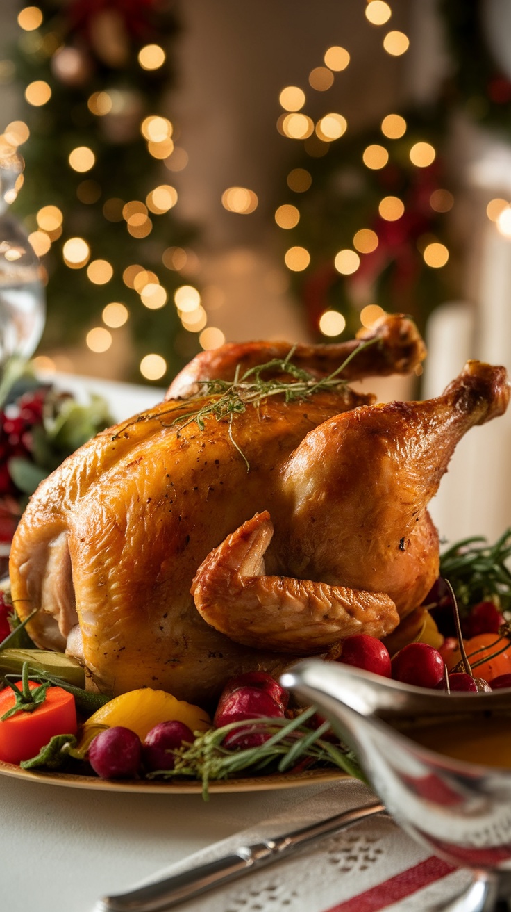 Roasted chicken with vegetables and gravy on a festive holiday table.