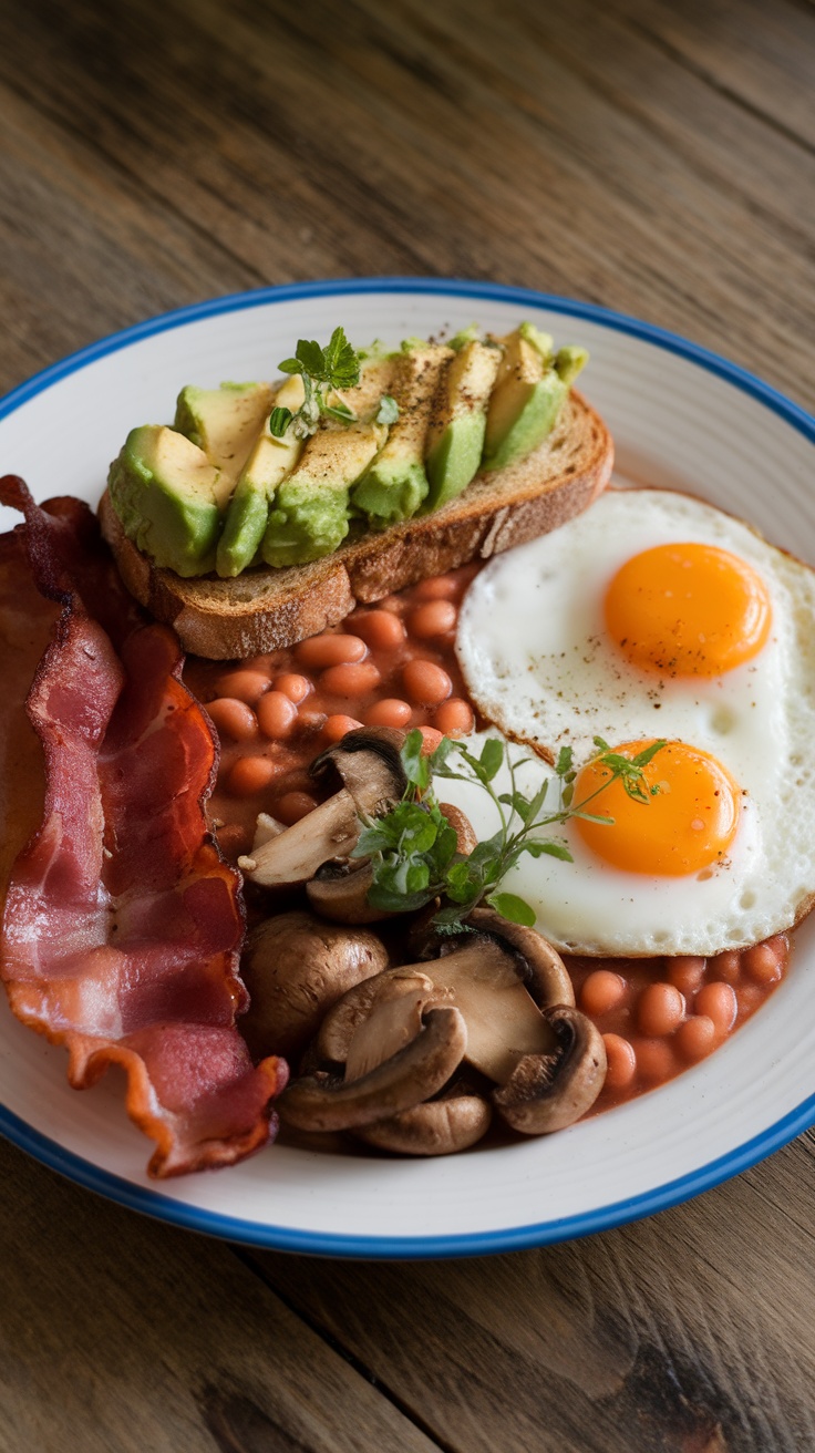A modern English breakfast with bacon, eggs, mushrooms, baked beans, and avocado toast on a rustic table.