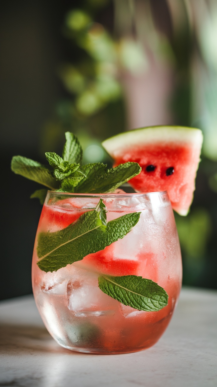 A glass of watermelon gin tonic with ice, garnished with mint and watermelon slice.