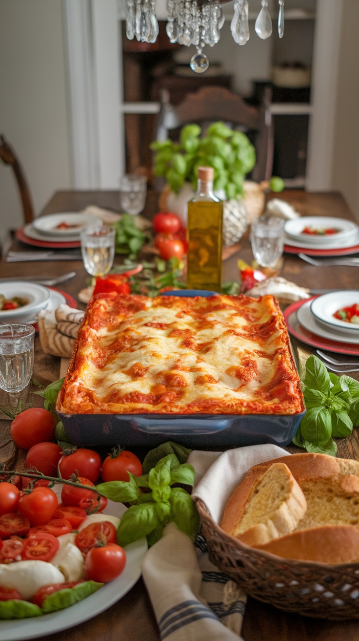 An Italian family dinner with lasagna, Caprese salad, and garlic bread on a rustic table.