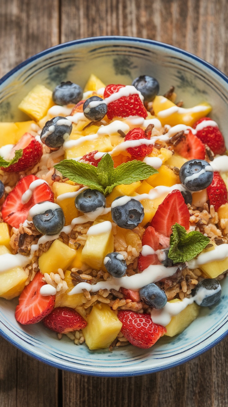 A tropical fruit salad with wild rice, fresh fruits, and creamy dressing, garnished with mint leaves on a wooden table.