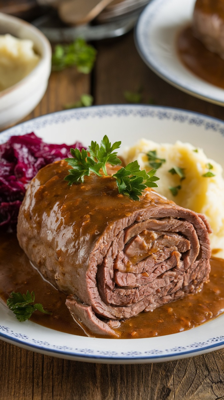 Tender German beef rouladen served with gravy, mashed potatoes, and red cabbage on a rustic wooden table.