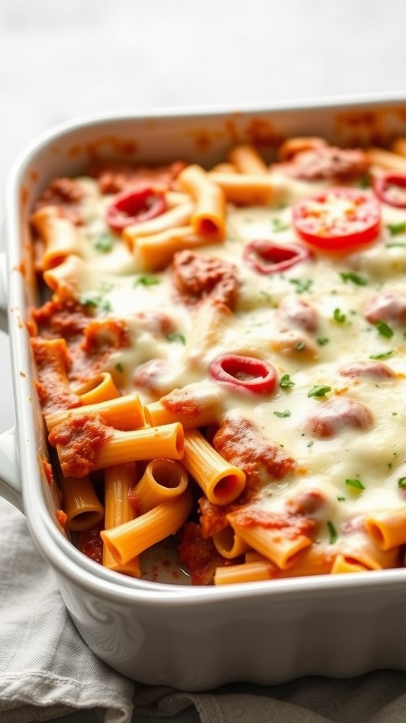 Baked Ziti with Italian Sausage topped with cheese and tomato slices in a white baking dish