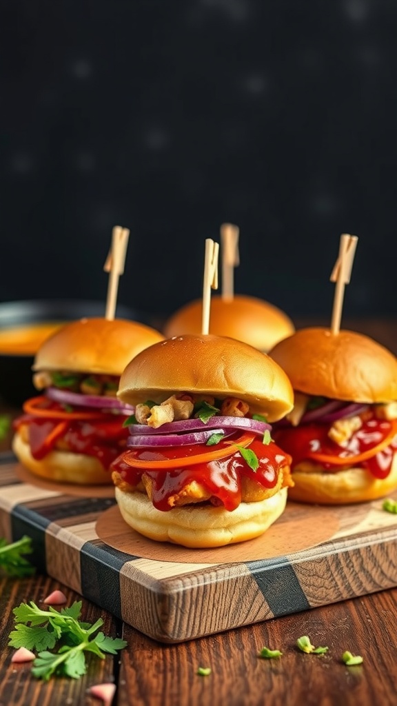 BBQ chicken sliders on a wooden board with fresh toppings