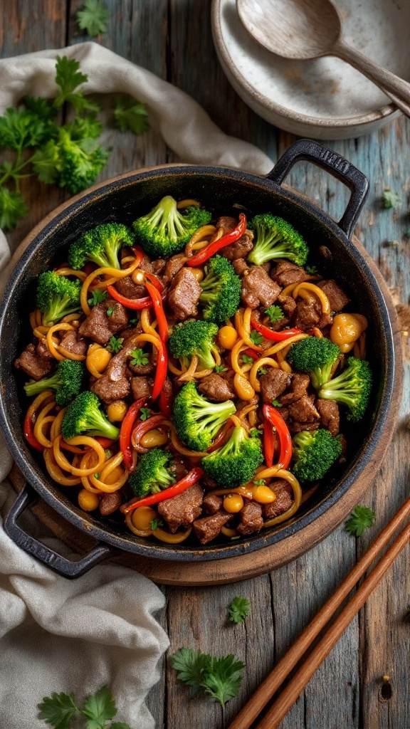 A skillet filled with beef and broccoli stir-fry, with a side of white rice.