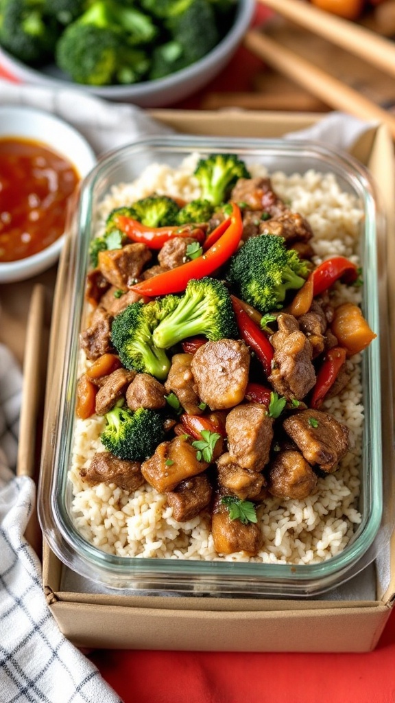 A meal prep container filled with beef, broccoli, carrots, and brown rice.
