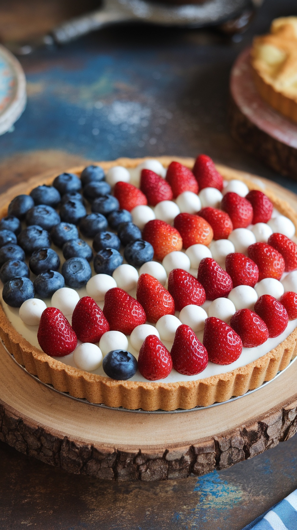 A colorful Berry Flag Tart decorated with strawberries and blueberries resembling the American flag.