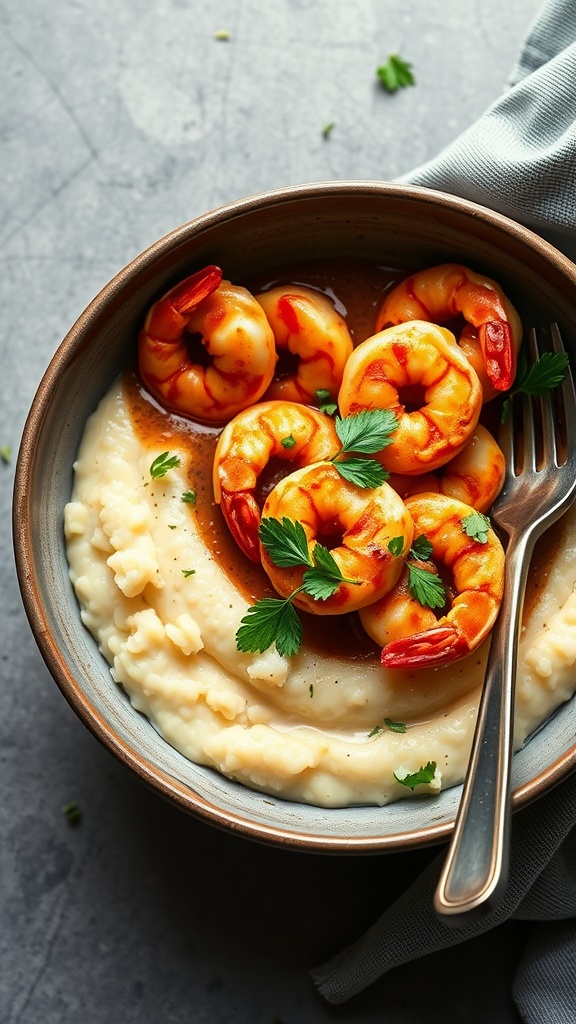 A bowl of Cajun shrimp served over creamy grits, garnished with parsley.