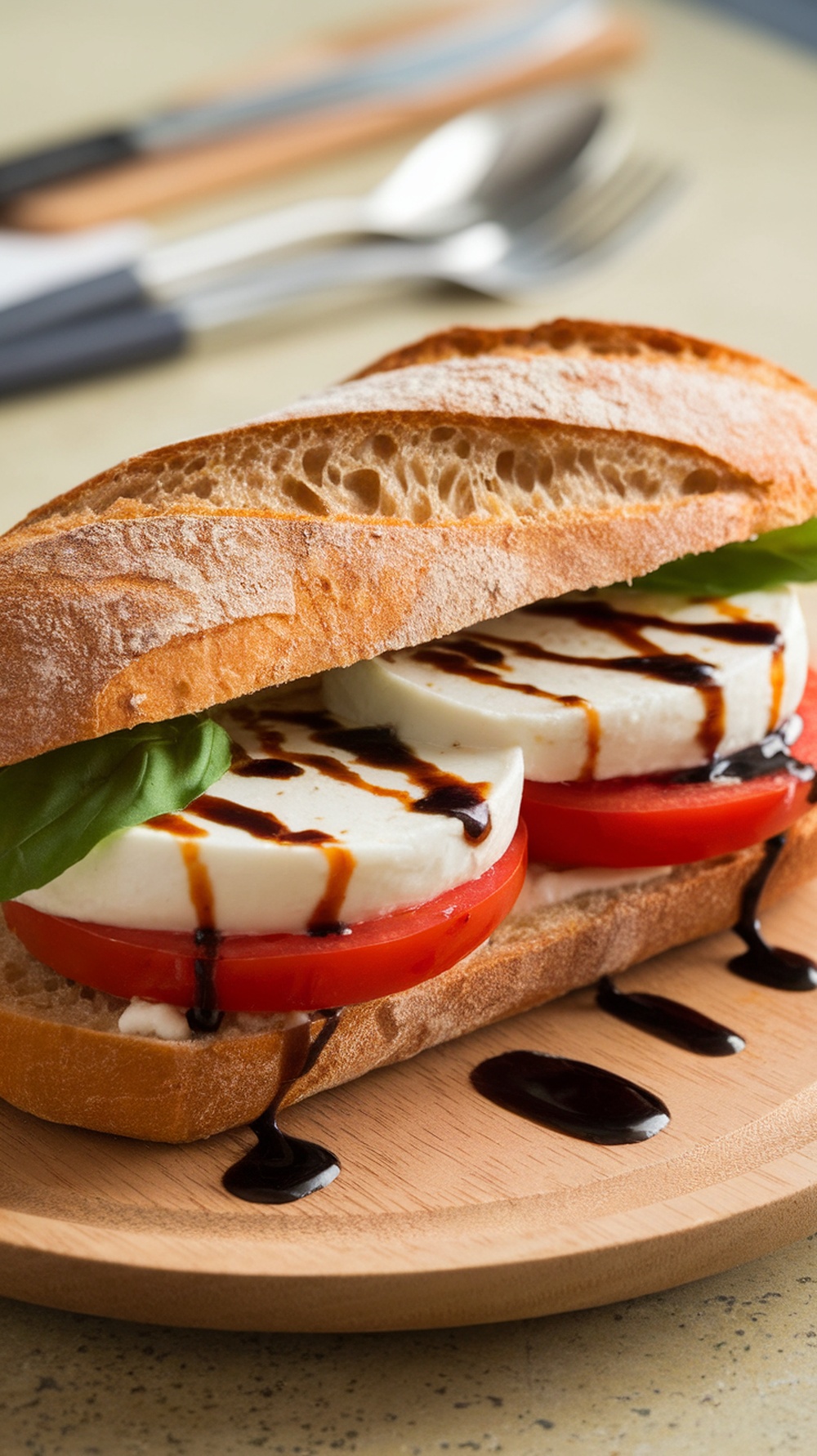 A Caprese sandwich with fresh mozzarella, tomatoes, and basil, drizzled with balsamic reduction on a wooden plate.