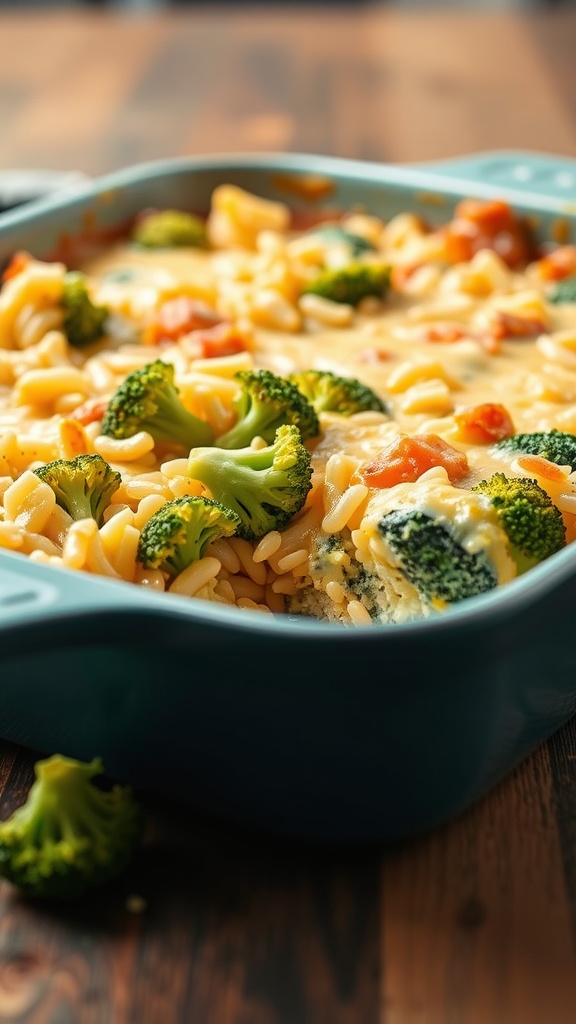 A close-up view of a cheesy broccoli and rice casserole filled with pasta and broccoli in a blue dish.