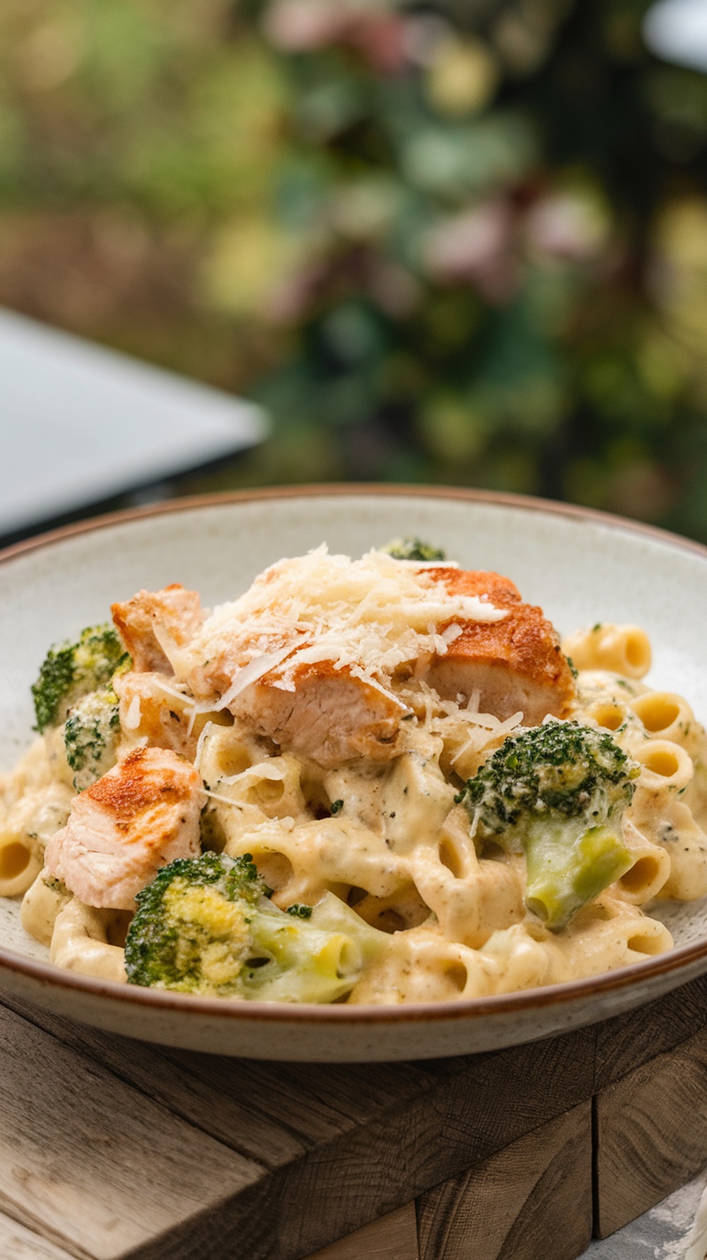 A bowl of Chicken and Broccoli Alfredo with golden chicken pieces, broccoli, and pasta in creamy sauce.