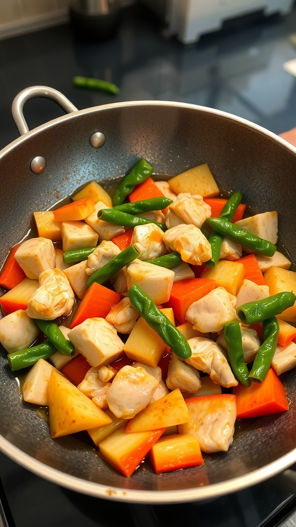 A colorful chicken and vegetable stir-fry in a pan, featuring diced chicken, bell peppers, green beans, and carrots.