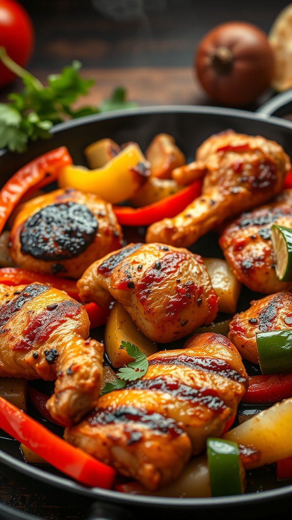Grilled chicken fajitas with colorful peppers and herbs in a skillet.