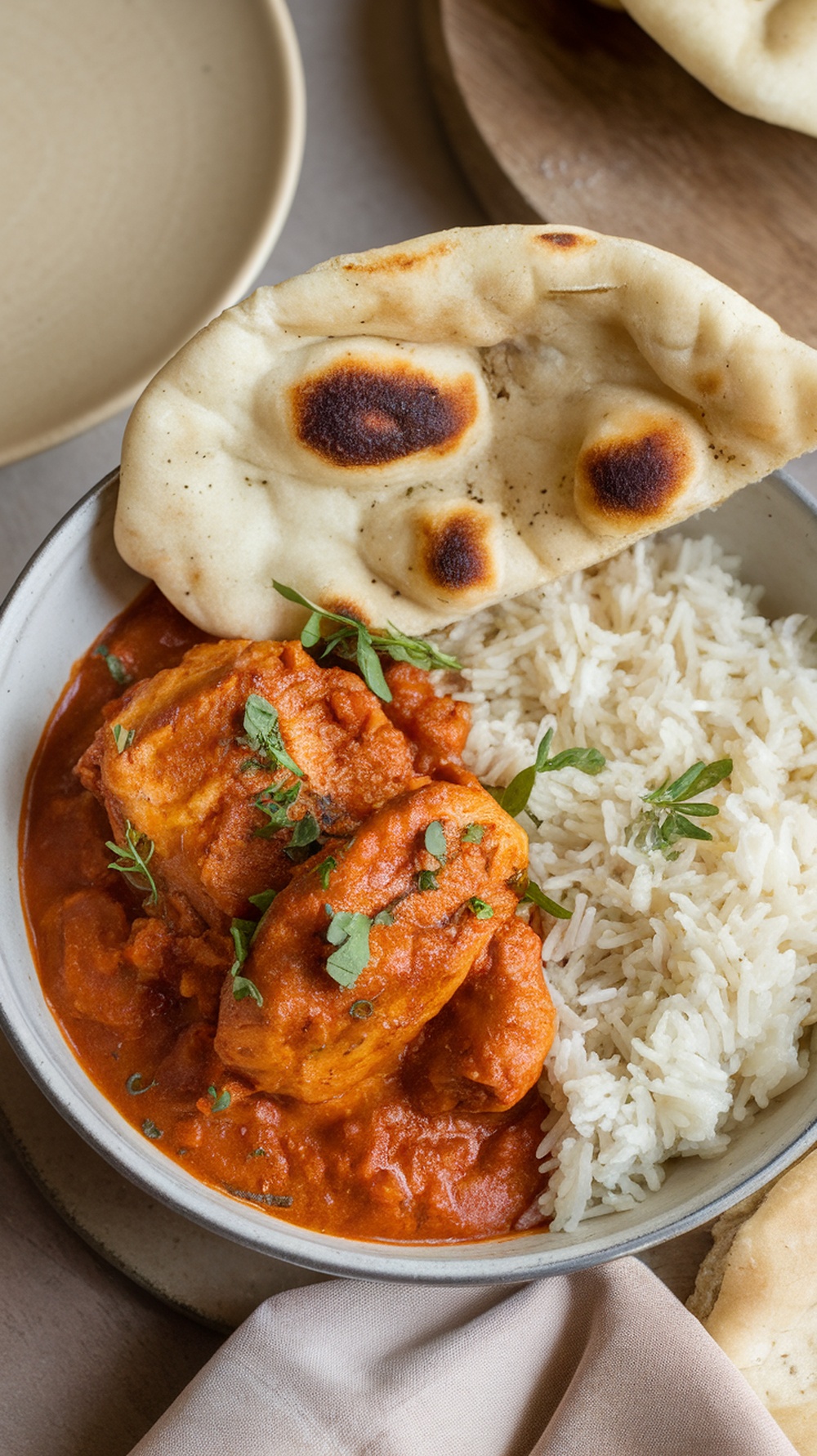 A bowl of Chicken Tikka Masala served with basmati rice and naan