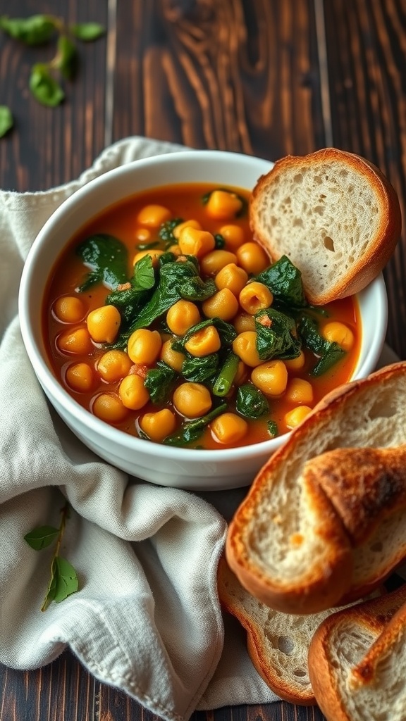 A bowl of chickpea and spinach stew with slices of bread beside it.