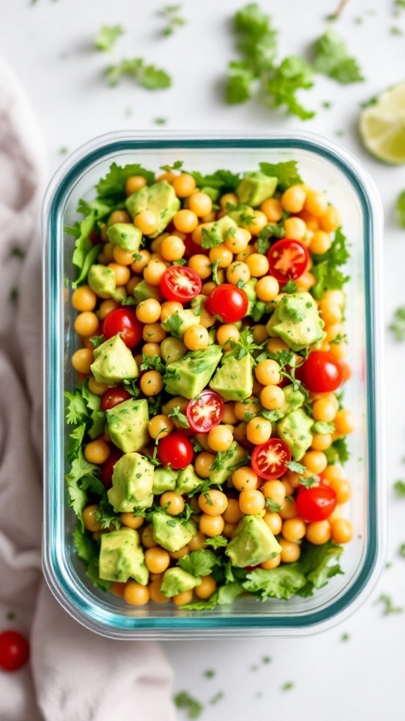 Chickpea salad with avocado dressing and cherry tomatoes in a glass container, surrounded by fresh tomatoes and herbs.