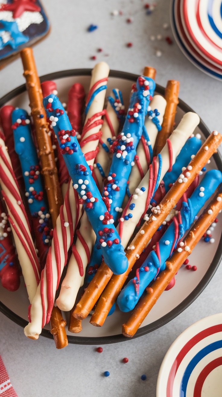 Chocolate-covered pretzel rods decorated for 4th of July