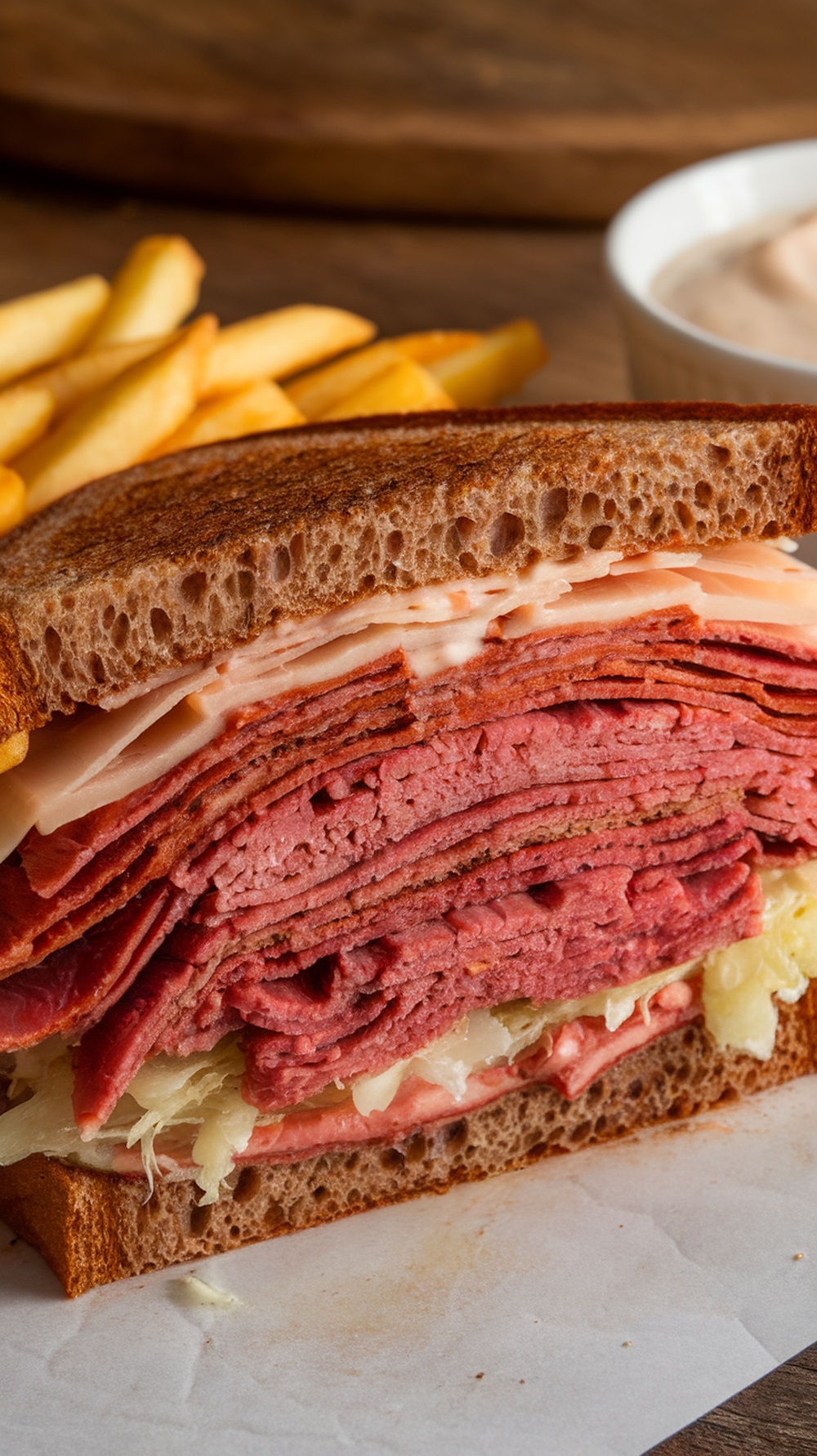 A classic Reuben sandwich with layers of corned beef, Swiss cheese, and sauerkraut on rye bread, served with fries.