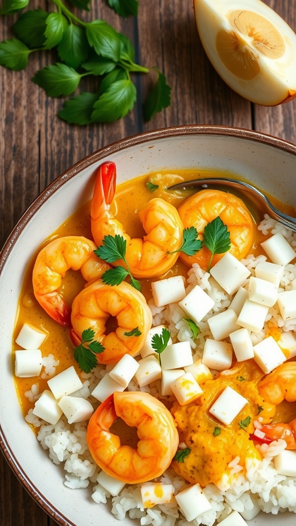 Bowl of creamy coconut curry shrimp with rice and fresh herbs