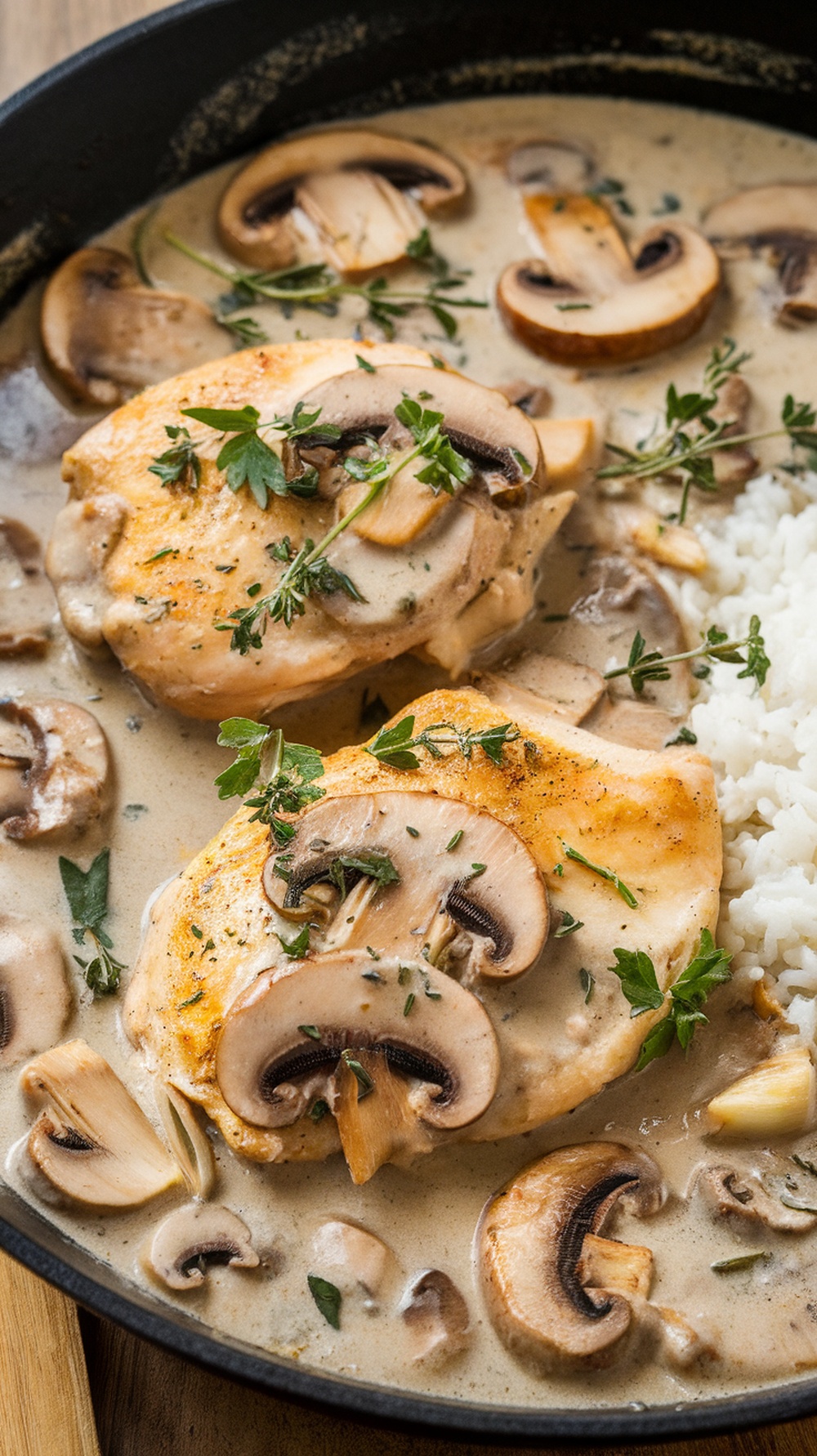 Creamy Mushroom Chicken Skillet with chicken breasts in a rich mushroom sauce, served with rice