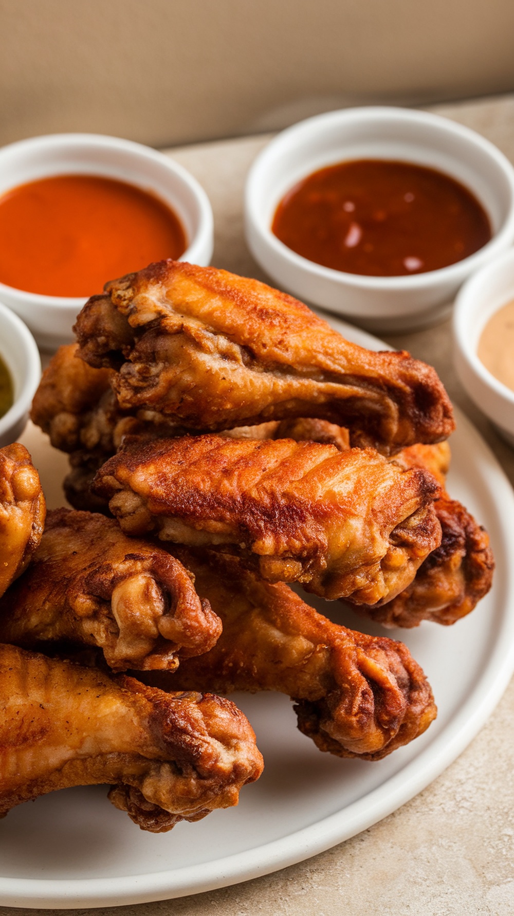 Crispy baked chicken wings with assorted dipping sauces