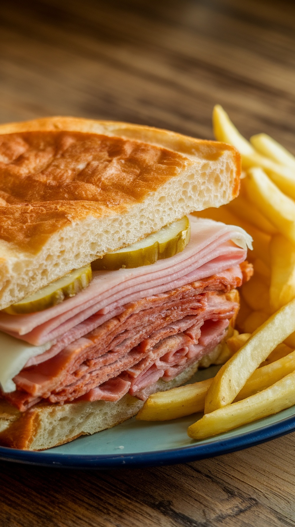 Cuban sandwich with pickles and fries on the side.