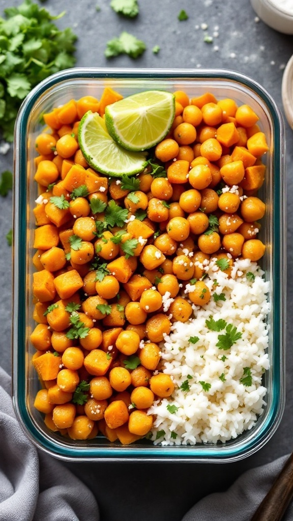 Curried sweet potatoes and chickpeas in glass meal prep containers with cilantro