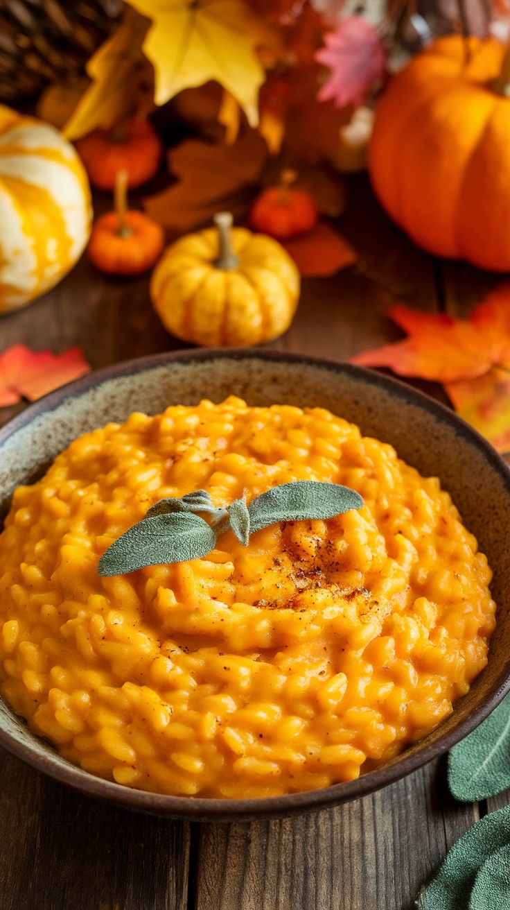 A bowl of creamy pumpkin risotto garnished with sage leaves, surrounded by autumn decor.