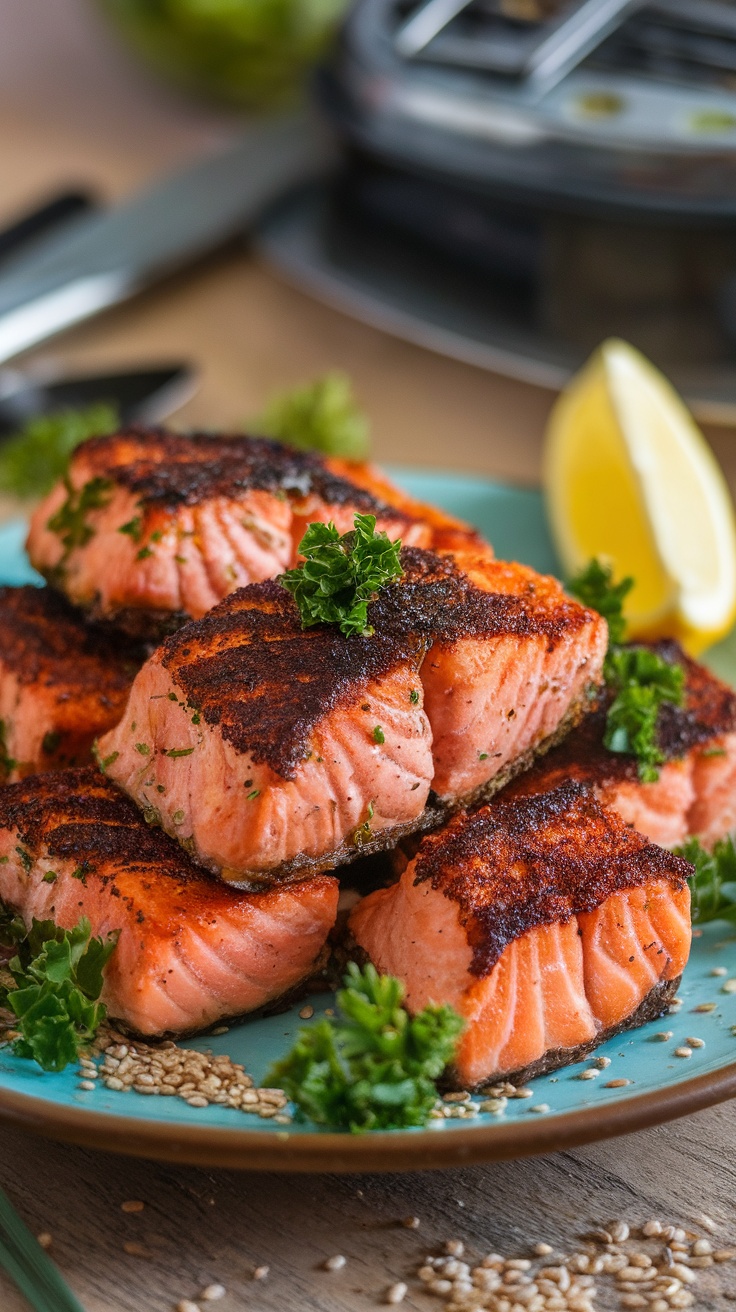 Crispy air fryer salmon bites on a plate, garnished with parsley and lemon wedges.