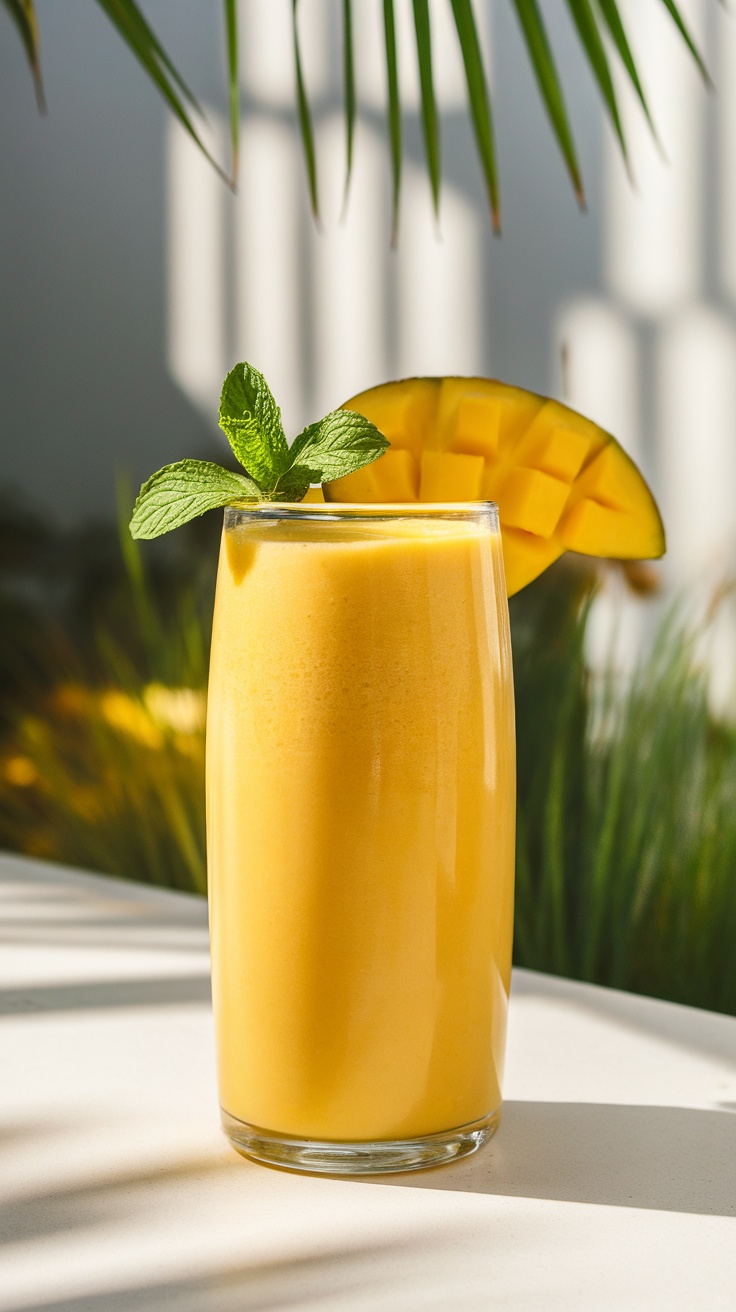 A tall glass of creamy mango smoothie garnished with mint and mango slice, with tropical fruits in the background.