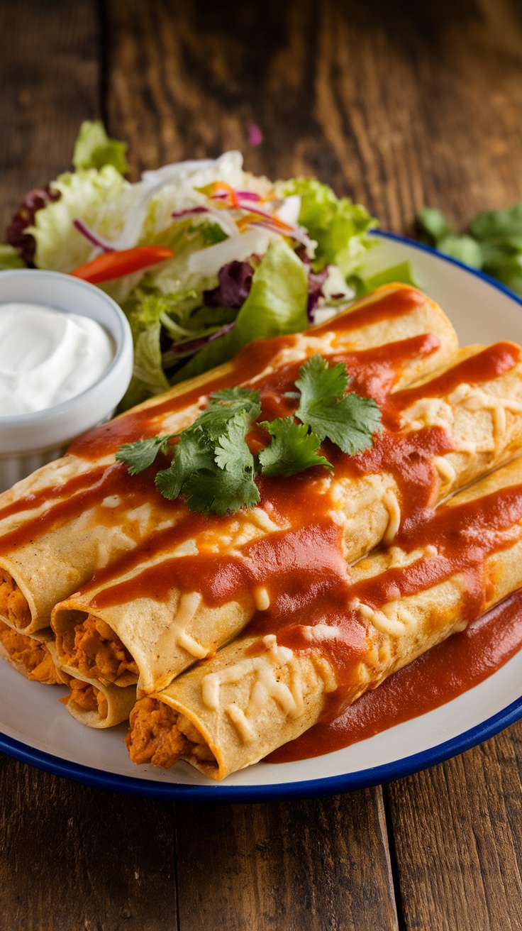 Cheesy chicken enchiladas on a plate with sauce and cilantro, accompanied by sour cream and a salad.
