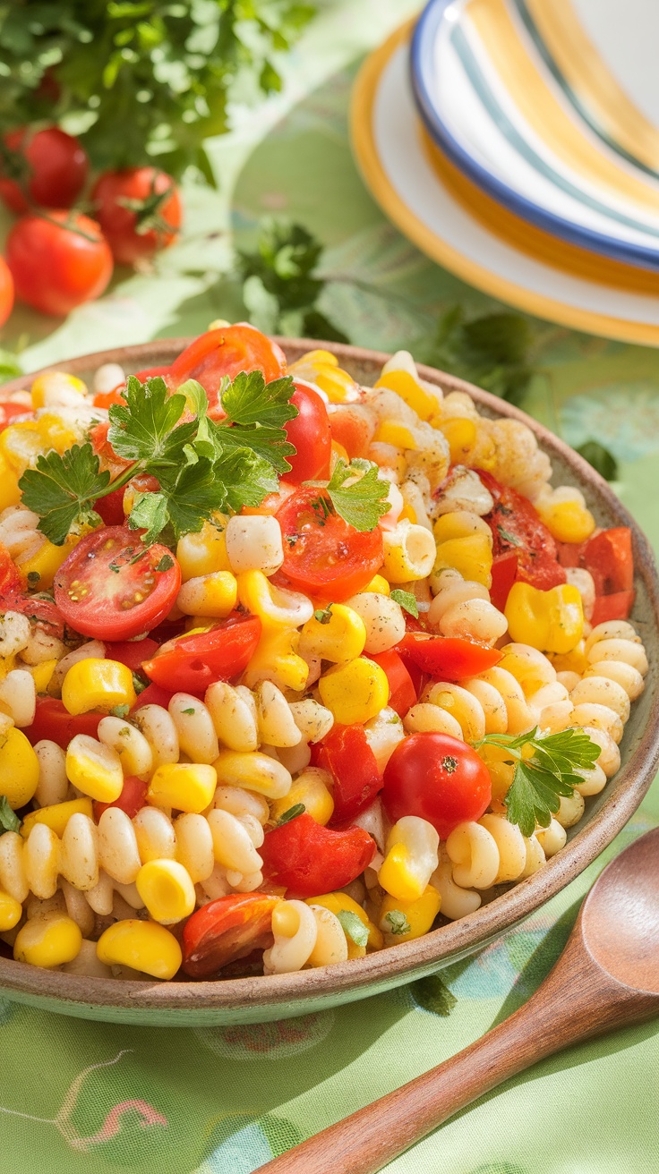 A colorful corn pasta salad with bell peppers, cherry tomatoes, and fresh parsley, served in a rustic bowl.