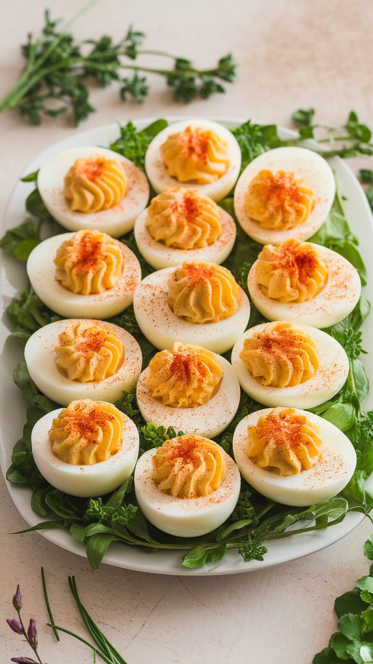 A platter of devilled eggs with creamy filling, garnished with paprika and herbs.
