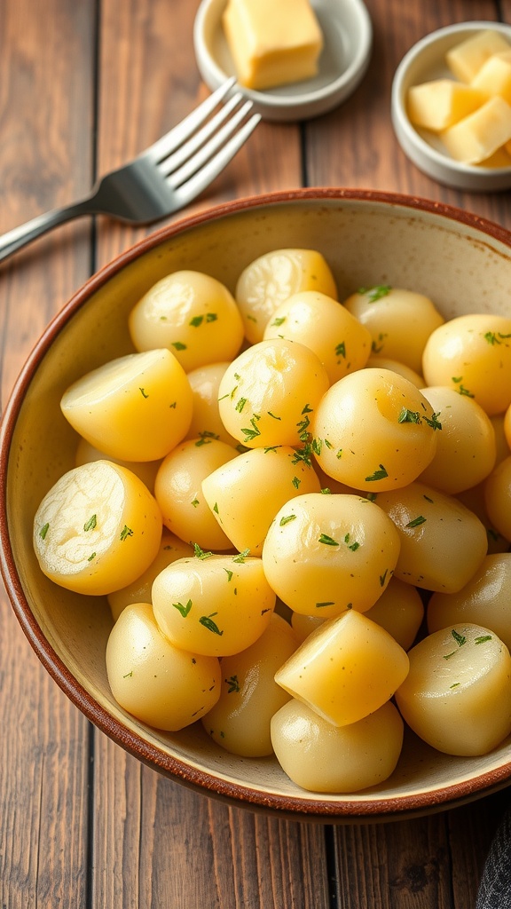 Steamed potatoes garnished with herbs in a bowl on a wooden table with a fork and butter.