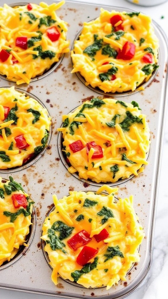 Baking tray filled with egg muffins topped with spinach and bell peppers