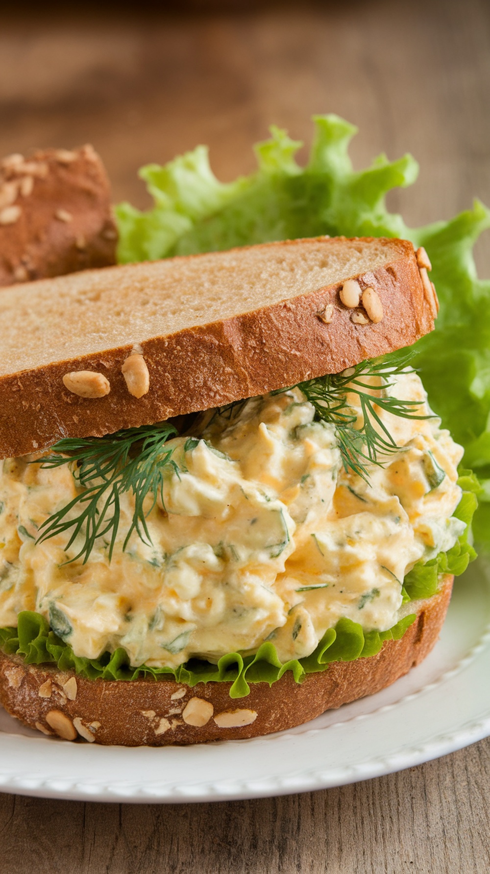 A delicious egg salad sandwich with dill on a plate, garnished with lettuce.
