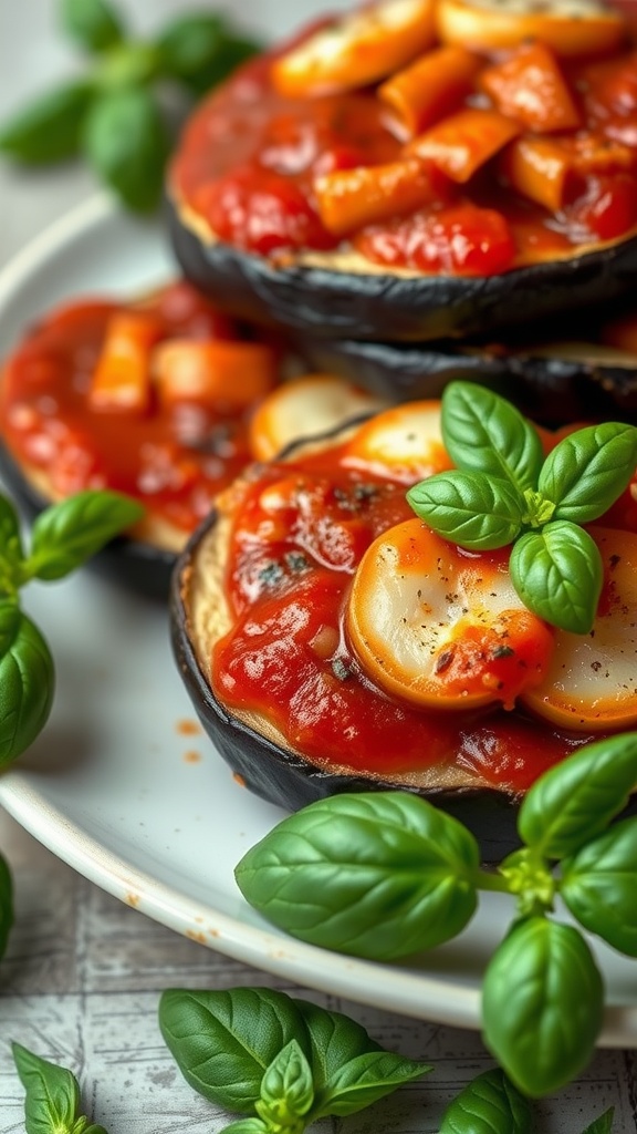 Baked eggplant slices topped with tomato sauce and cheese, garnished with fresh basil.