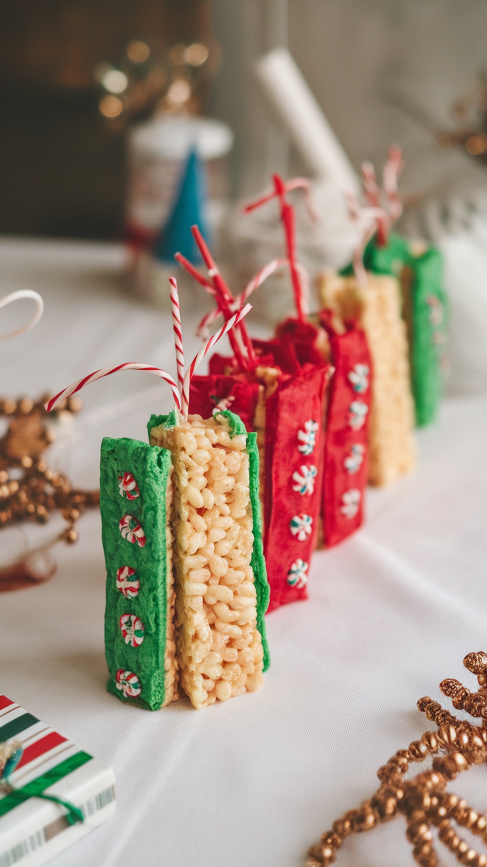 Colorful Firecracker Rice Krispie Treats in the shape of fireworks