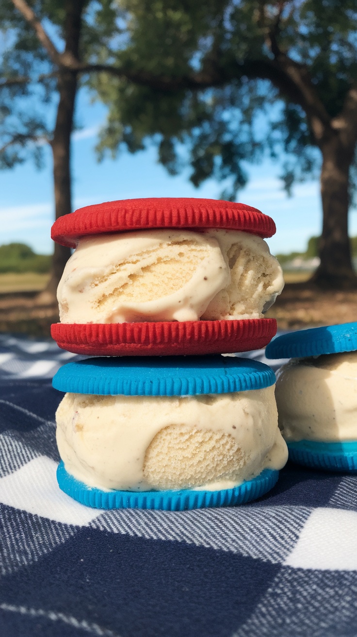 Stack of ice cream sandwiches on a picnic blanket